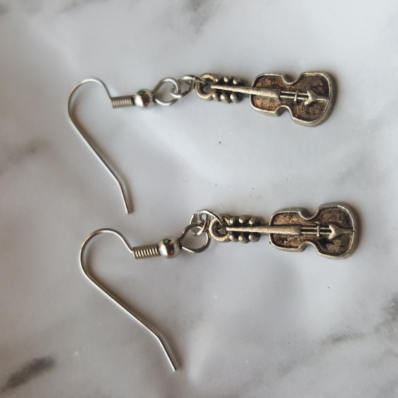 Violin Fiddle Earrings Surgical Steel Silver Tone - Picture 2 of 8